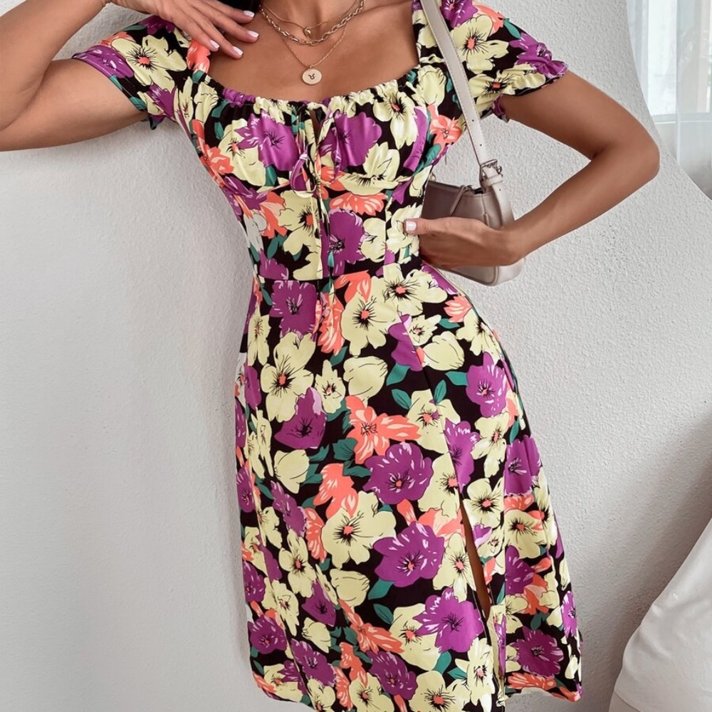 Bohemian Purple Floral Print Slit thigh Midi Dress - Picture 5 of 5